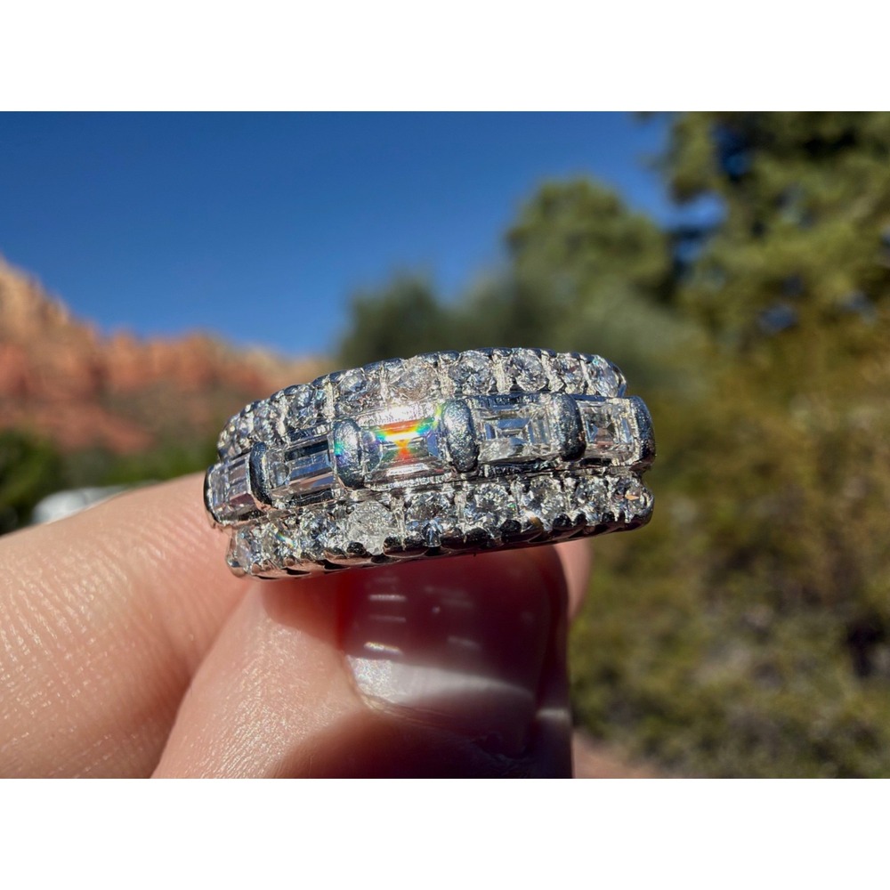 Antique Art Deco Platinum Natural Round Emerald Cut Diamond Ring - Size 6 Rows